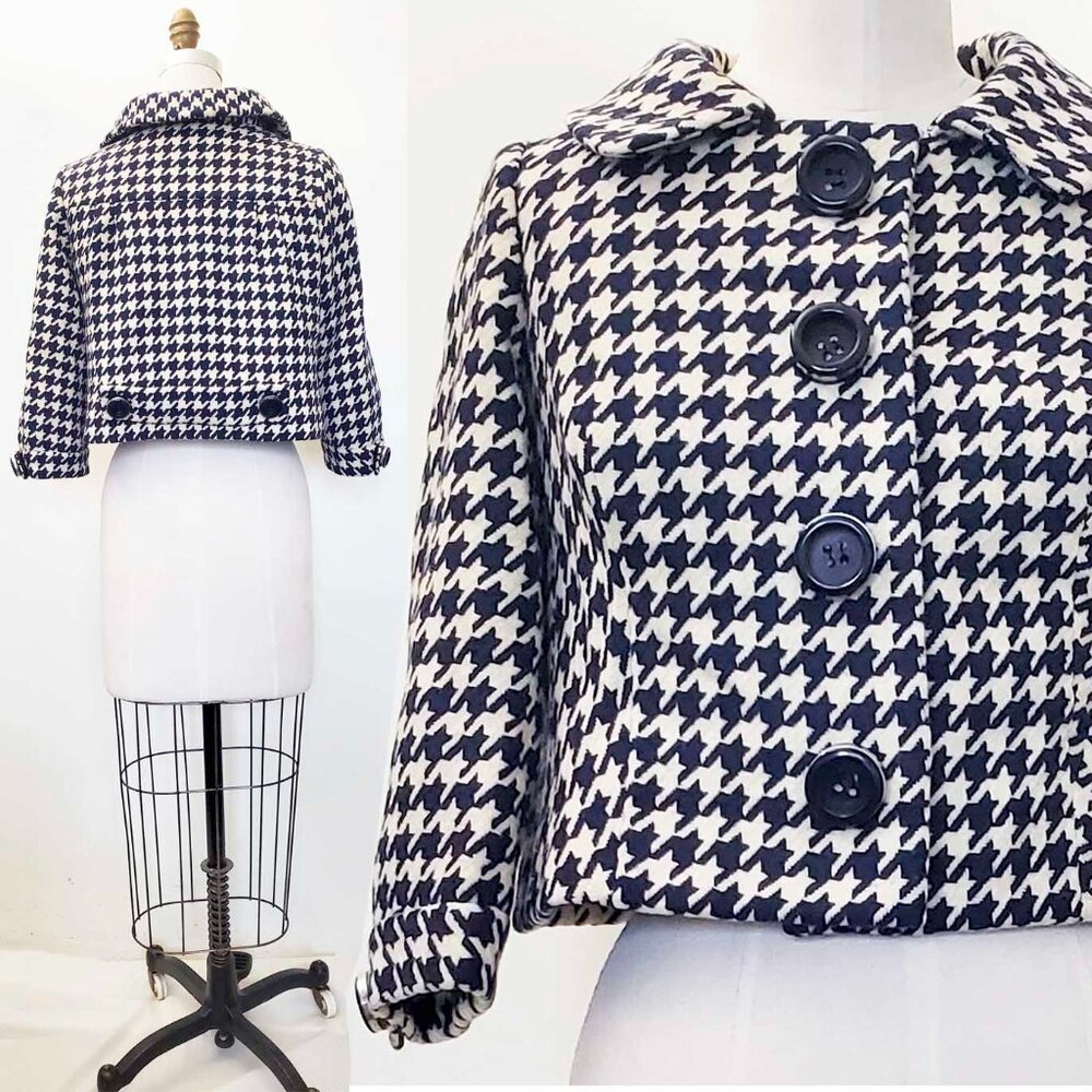 1960s VTG Sylvides Creations Paris Womens Houndstooth Wool Cropped Swing Jacket